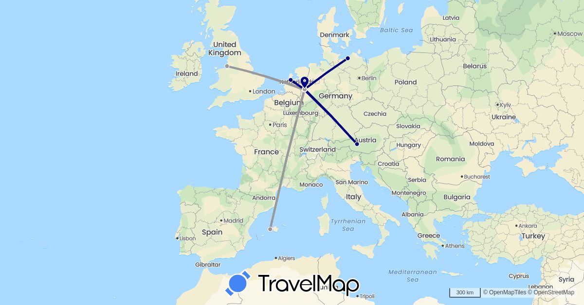 TravelMap itinerary: driving, plane in Austria, Germany, Spain, United Kingdom, Netherlands (Europe)